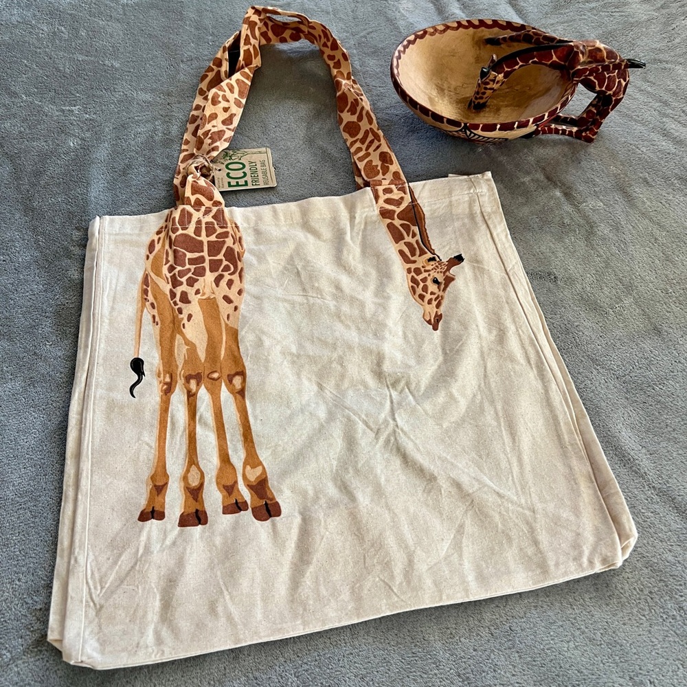 Giraffe bowl and canvas tote bag - hand carved and decorated - African art